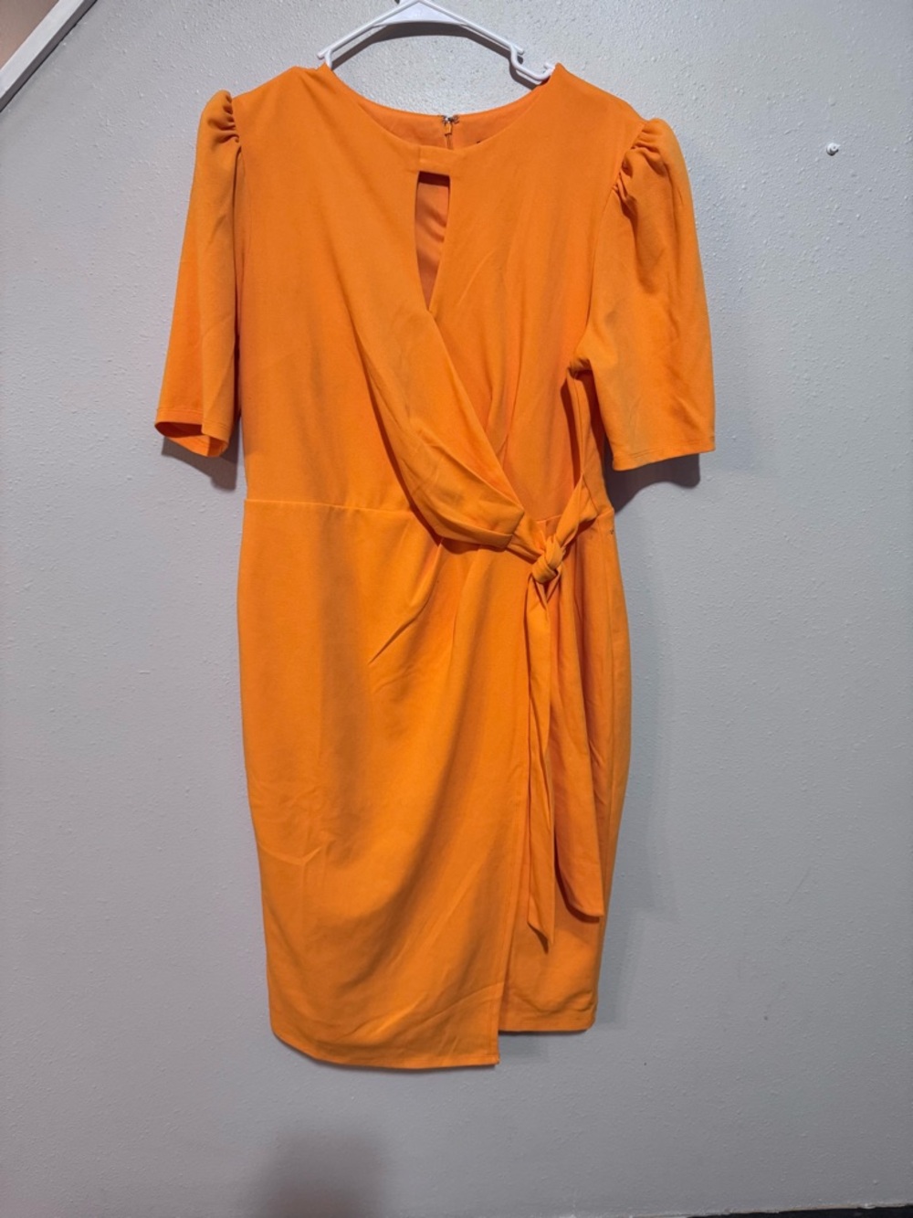 New York & Company Orange Wrap Dress Round Neck Tie Zip Knee Length L